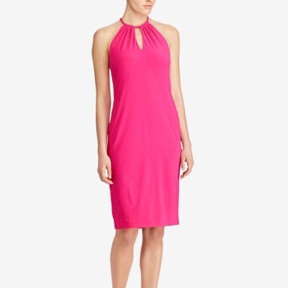Lauren Ralph Lauren Hot Pink Stretch Scuba Halter Keyhole Neck Dress XS Petite - Picture 1 of 9